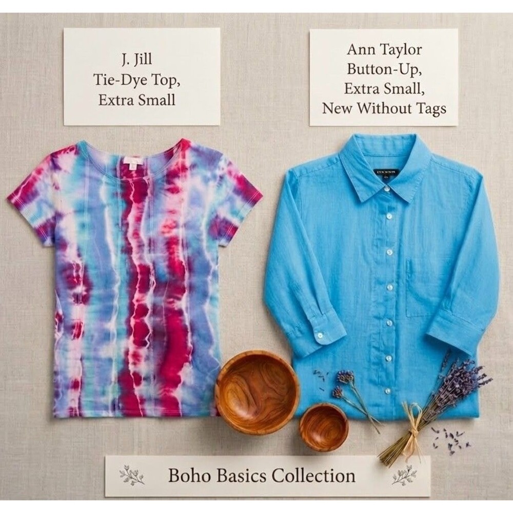 2 PACK LOT! J Jill Tie Dye Boho Short Sleeve & Ann Taylor Top XS Cruise Wear!